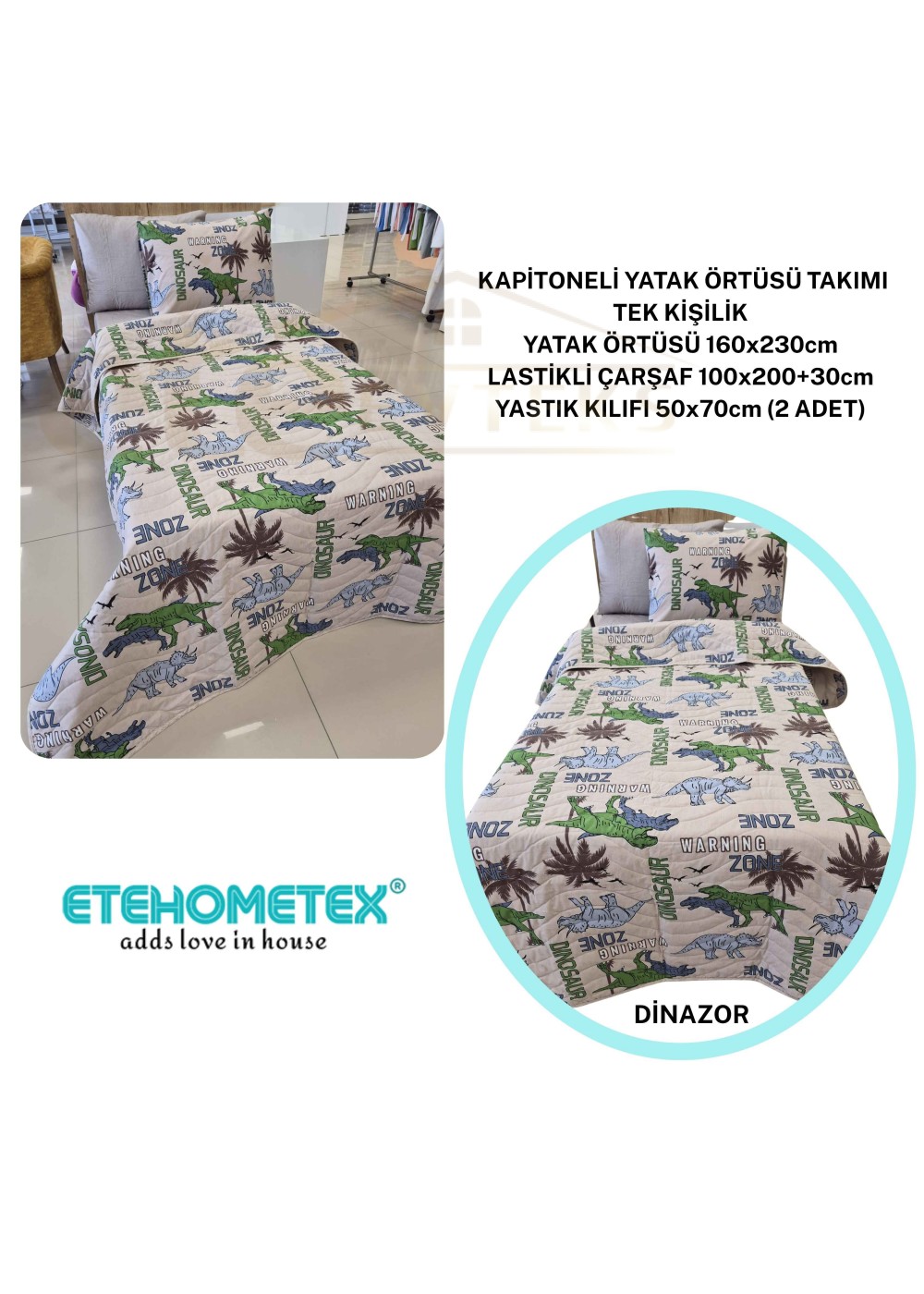 ETEHOMETEX Pamuklu Kapitoneli Yatak Örtüsü TAKIMI TEK KİŞİLİK DİNAZOR 8696474232121